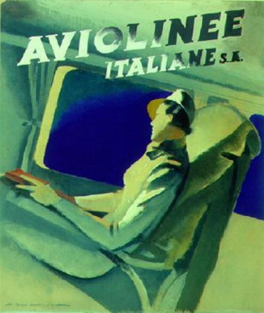 Bozzetto pubblicitario di M. Dudovich per la Fiat, “Aviolinee Italiane S.A.”, 1935 - Fonte: “M.A. de Caterina, Marcello Dudovich: le decorazioni murali (1906 - 1947)”.