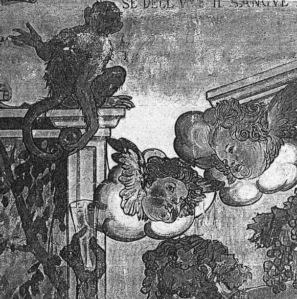 Particolare della decorazione della tavernetta di villa Fonio, Emilia Romagna, realizzata dopo il 1923: Allegoria scherzosa del buon vino e della buona tavola – Fonte: “M.A. de Caterina, Marcello Dudovich: le decorazioni murali (1906 - 1947)”.
