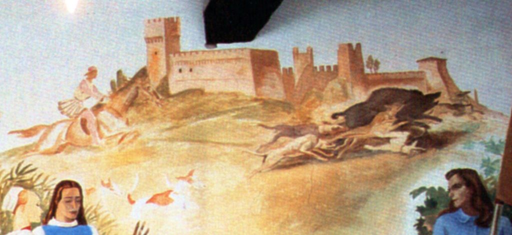 M. Dudovich, particolare della “prima” parete del salotto di Villa Amalia: la scena di caccia al cinghiale sotto le mura di Gradara.