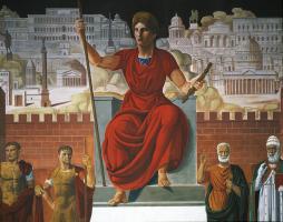 Achille Funi, Scene della mitologia greca a romana e la dea Roma, particolare dell’affresco “Tutte le strade conducono a Roma”, 1943. EUR, Palazzo dei Congressi (Roma)